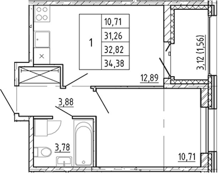 1-комнатная квартира 31.26 м², 11/12 эт., ЖК «Полис Новоселье»